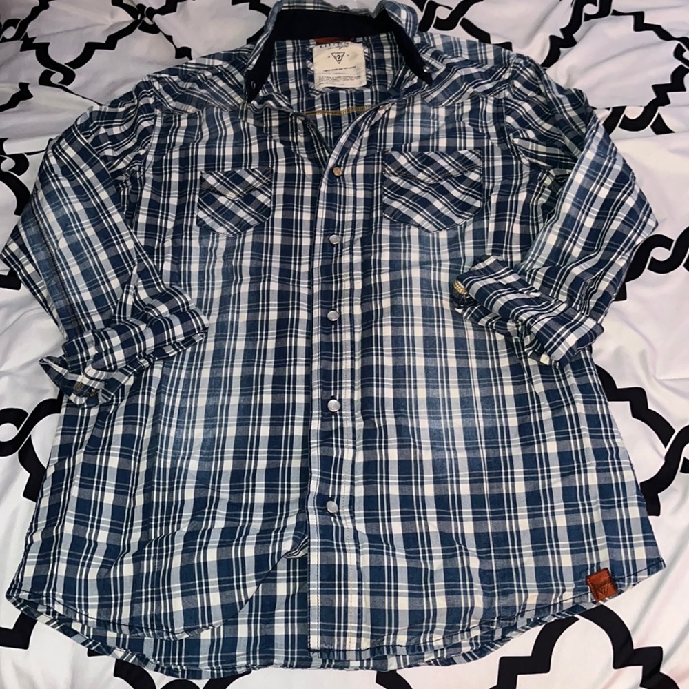 Guess Blue Plaid Collared Button Up Shirt